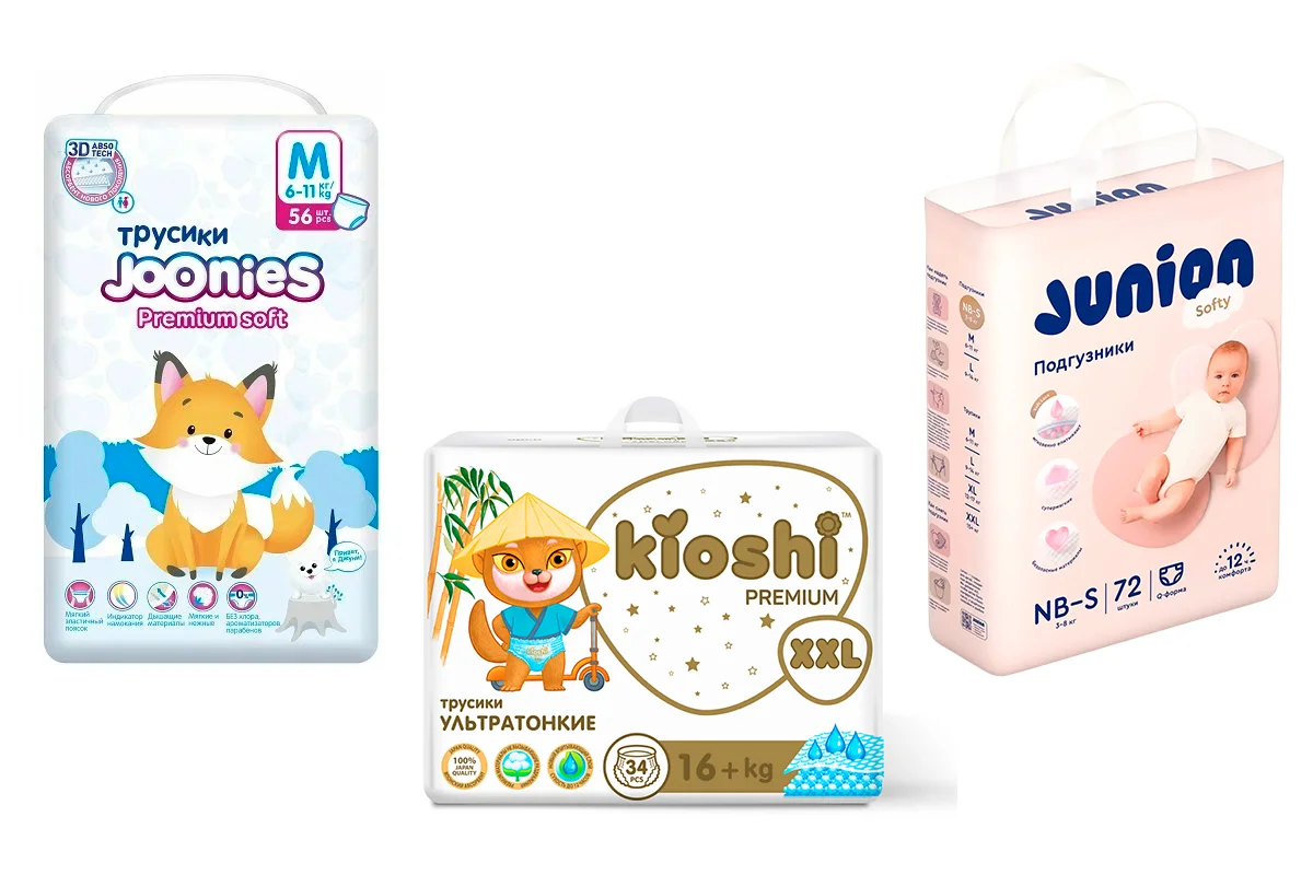 Подгузники-трусики JOONIES Marshmallow, Junion Soft и Kioshi Premium